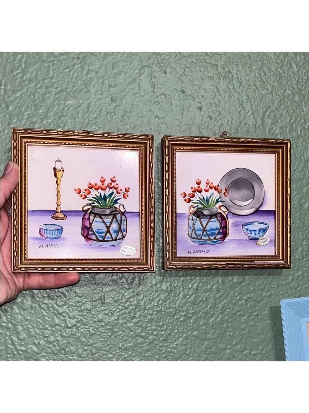Vintage M Angelo Hand Painted Framed Tile Set Of 2 Japan